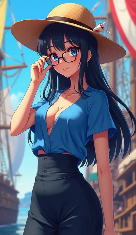 **Text Prompt:**

In an anime-style scene, Nico Robin is depicted in her iconic look as an adult. She stands confidently, exuding elegance and strength. Her long, dark hair flows freely down her back, framing her delicate features. She wears a stylish, fit...