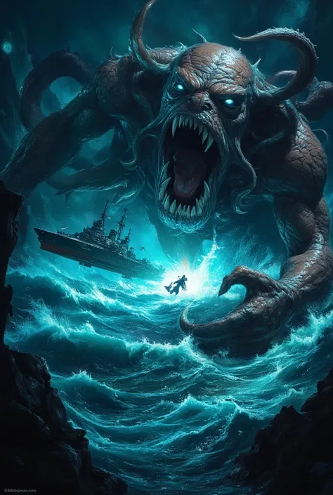 cthulhu emerges from the deep ocean into the surface to scare a german imperial dreadnaught, cinematic, fantasy illustration, li...