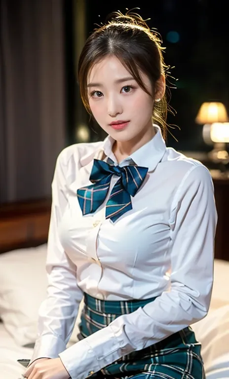 (A stunning Korean lady at night, bedroom, wearing a crisp white button-down shirt with long sleeves, bow-tie, red mini-skirt, plaid skirt, youthful charms, smooth complexion, beautiful detailed face, beautiful detailed eyes and lips, long eyelashes, slend...