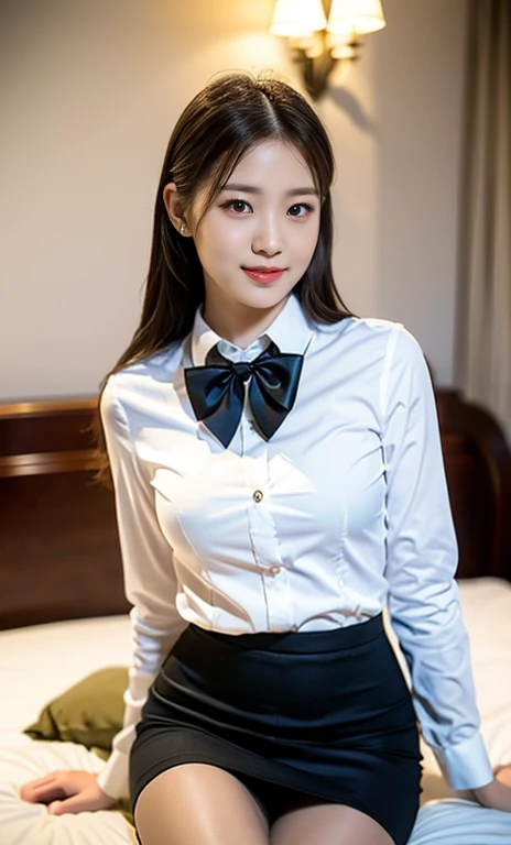 (A stunning Korean lady at night, bedroom, wearing a crisp white button-down shirt with long sleeves, bow-tie, red mini-skirt, plaid skirt, youthful charms, smooth complexion, beautiful detailed face, beautiful detailed eyes and lips, long eyelashes, slend...