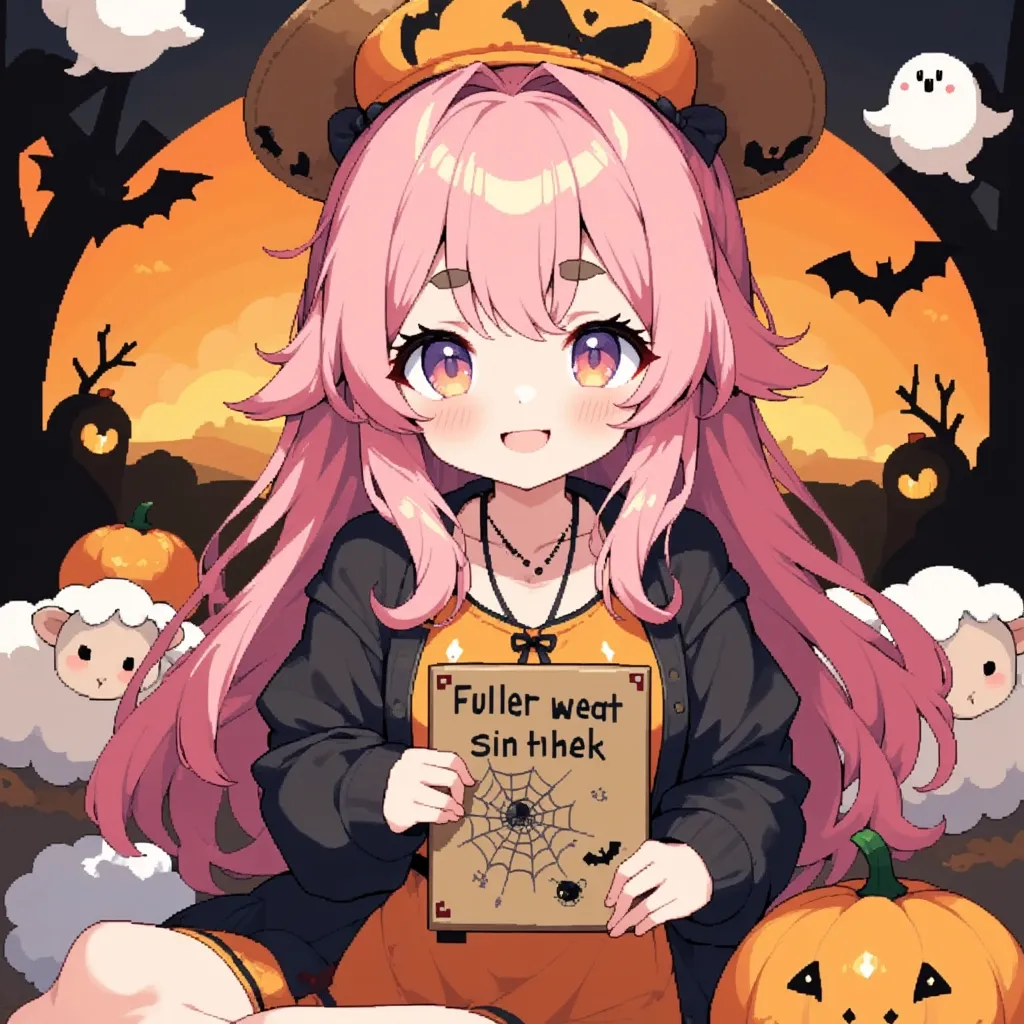 1girl, Alone, cute, Pink fluffy hair, Thick eyebrows,  big smile, jack-o-lantern round hat, Pumpkin-colored dress , black cardigan with beautiful spider web decoration, cowboy shot, Letters and pictures written on a sketchbook held in front of the chest:1.3, "Thank you for the 20k favorites♥", Cute sheep doodle in the corner of the sketch, Orange and black background,  cute ghosts are flying in the sky , Bat silhouette