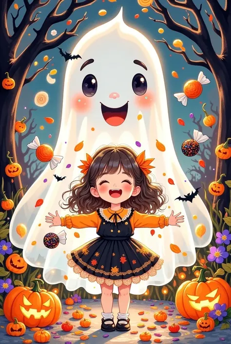 halloween theme， exquisite cartoon digital illustration：a cute ghost guards a beautiful girl，laughing out loud，open your arms。sc...