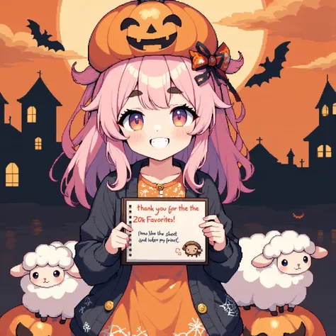 1girl, Alone, cute, Pink fluffy hair, Thick eyebrows,  big smile, jack-o-lantern round hat, Pumpkin-colored dress , black cardigan with beautiful spider web decoration, cowboy shot, Letters and pictures written on a sketchbook held in front of the chest, "Thank you for the 20k favorites♥", cute sheep doodle :0.85, Orange and black background,  cute ghosts are flying in the sky , Bat silhouette