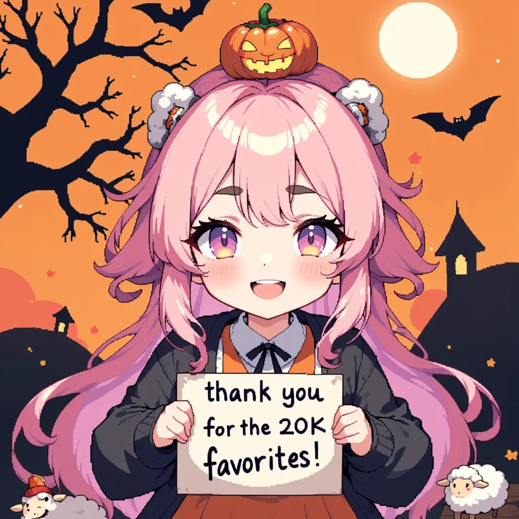 1girl, Alone, cute, Pink fluffy hair, Thick eyebrows,  big smile, jack-o-lantern round hat, Pumpkin-colored dress , black cardigan with beautiful spider web decoration, cowboy shot, Letters and pictures written on a sketchbook held in front of the chest, "Thank you for the 20k favorites♥", cute sheep doodle :0.85, Orange and black background,  cute ghosts are flying in the sky , Bat silhouette