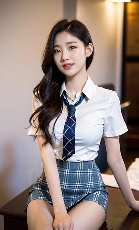 (a stunning korean lady at night, bedroom, wearing a white button-down short-sleeve blouse, plaid tie, plaid skirt, youthful cha...