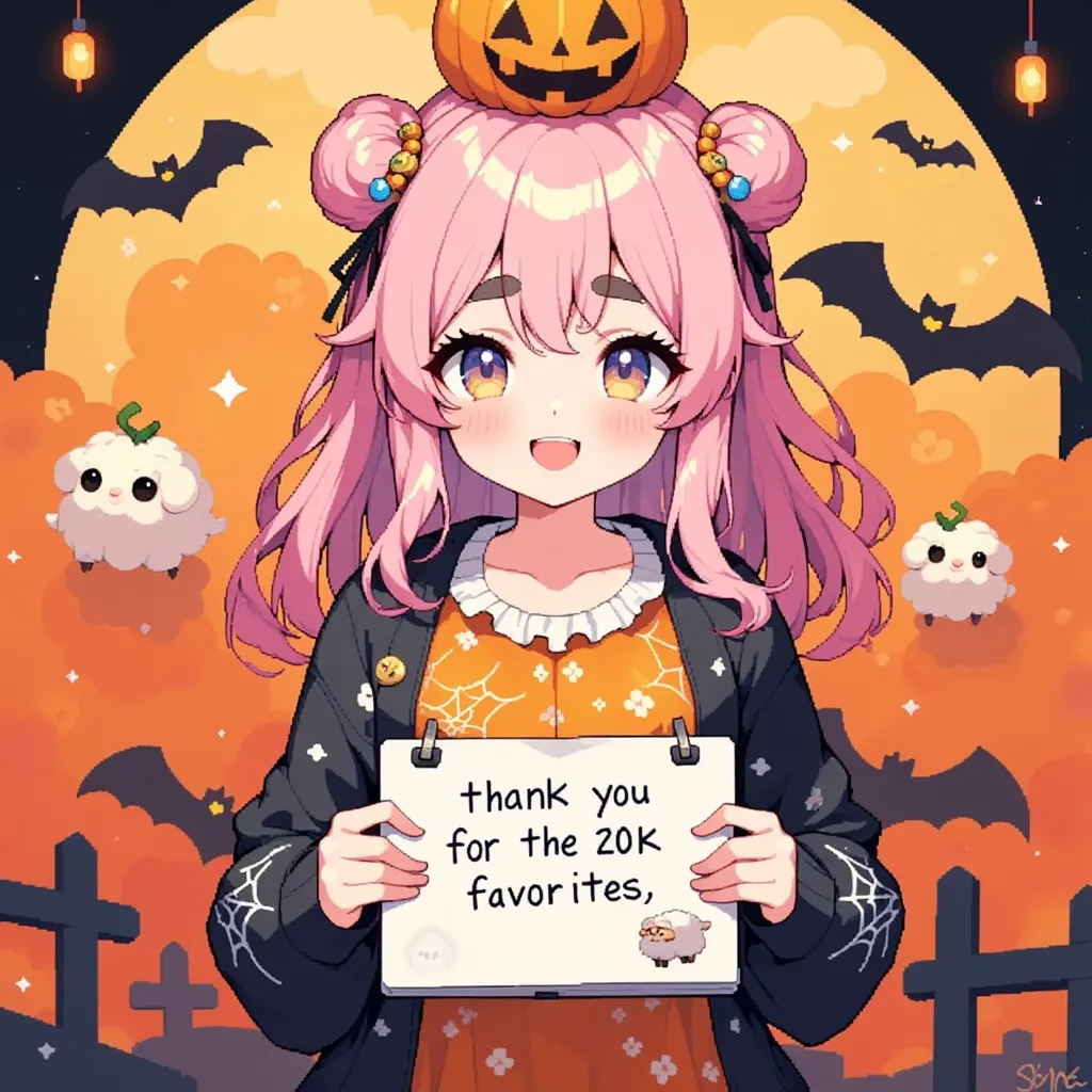 1girl, Alone, cute, Pink fluffy hair, Thick eyebrows,  big smile, jack-o-lantern round hat, Pumpkin-colored dress , black cardigan with beautiful spider web decoration, cowboy shot, Letters and pictures written on a sketchbook held in front of the chest, "Thank you for the 20k favorites♥", cute sheep doodle :0.85, Orange and black background,  cute ghosts are flying in the sky , Bat silhouette