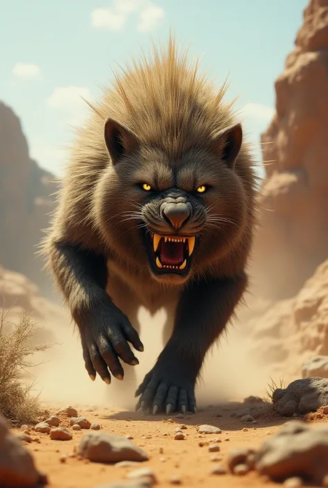 Hybrid of scary porcupine and scary lion  in rock desert