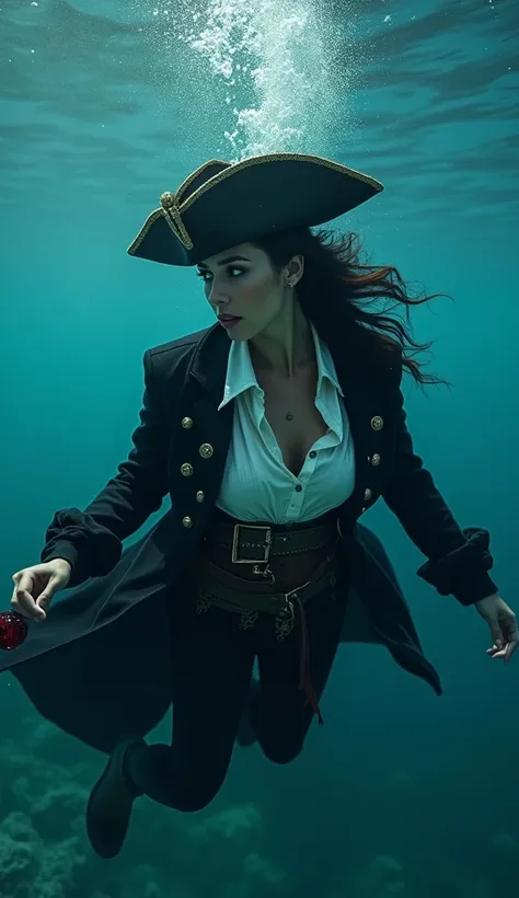 high definition portrait of a female pirate. she wears traditional pirate clothing, including a black tricorn hat with gold accents, a long coat with brass studs, and a white blouse with a leather belt. is diving to the bottom of the sea, for hiding the re