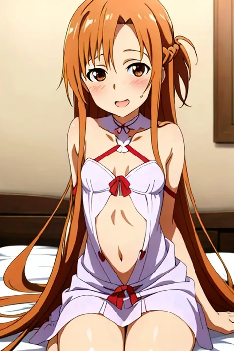 ((Best Quality)), ((masterpiece)), (be familiar with),  perfect face, indoor, bedroom,  watching viewers,
One woman, Yuuki Asuna,
Open Mouth, Ecstatic expression, blush, smile,
Small breasts,  flat chest, , , child, Girl,
Long Hair,  long hair,
Leg spread,