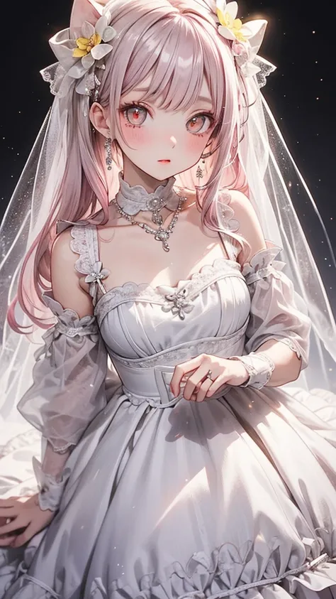 A pink-haired，Yellow pupil，White and looming，Clothes similar to wedding dresses，The dress is decorated with a lot of pink bows，Pair it with a dazzling silver necklace，is a cute, Sweet and cute little loli