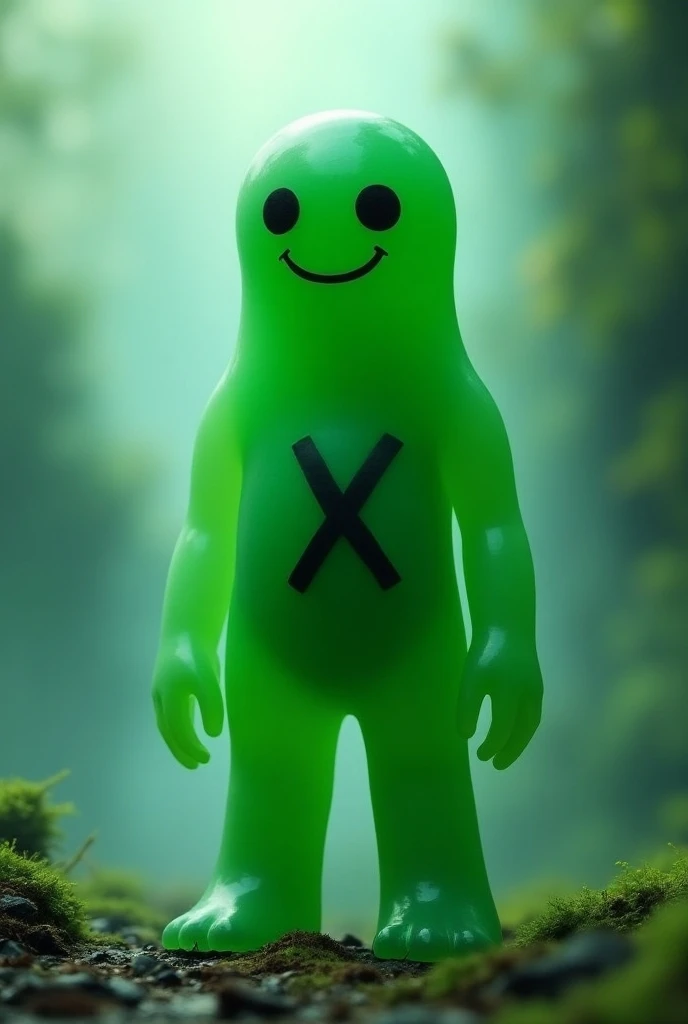 Goop is a green gelatinous jelly humanoid, 200 pound single-celled organism, slim tall slender semi transparent body, with circle black x symbol in chest