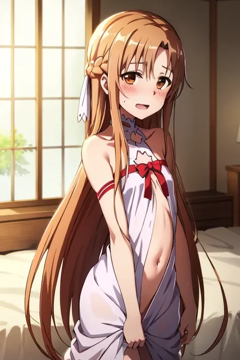 ((Best Quality)), ((masterpiece)), (be familiar with),  perfect face, indoor, bedroom,  watching viewers,
One woman, Yuuki Asuna,
Open Mouth, Ecstatic expression, blush, smile,
Small breasts,  flat chest, , , child, Girl,
Long Hair,  long hair,
Leg spread,