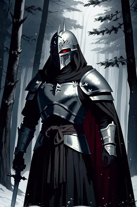  A medieval black knight ,  wearing almost all destroyed black armor and with a white cape all torn and burned,  besides a black helmet and around your waist , an old long sword ,  in a dark, dark forest at night 