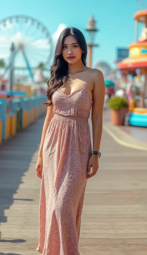 A beautiful young girl standing on a beach boardwalk, wearing a cute sundress, long eyelashes, beautiful detailed eyes and lips, with a hourglass figure, at an amusement park with a ferris wheel, carousel, arcade, and rollercoaster in the background, highl...