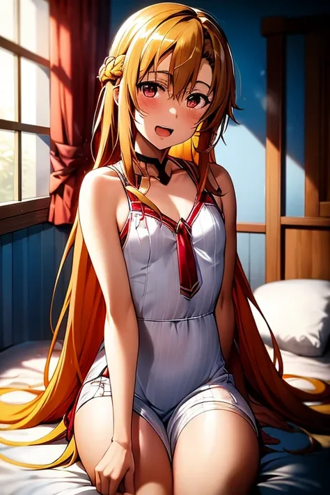 ((best quality)), ((masterpiece)), (be familiar with),  perfect face, indoor, bedroom,  watching viewers,
one woman, yuuki asuna...