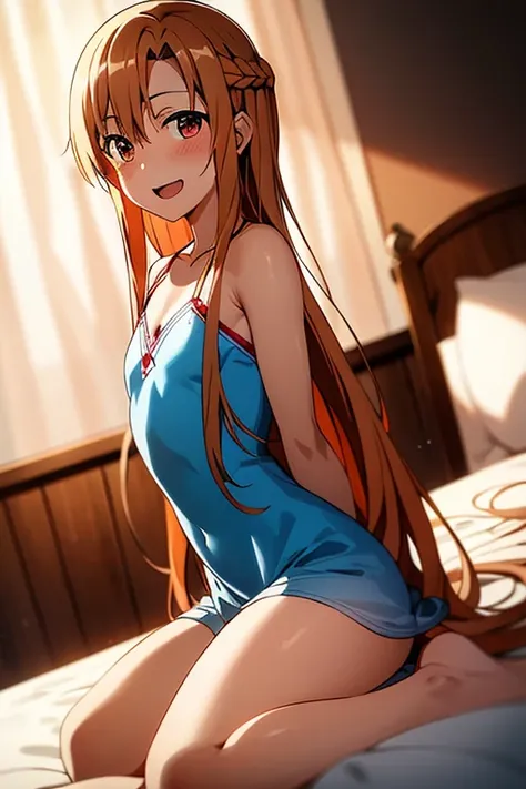 ((best quality)), ((masterpiece)), (be familiar with),  perfect face, indoor, bedroom,  watching viewers,
one woman, yuuki asuna...