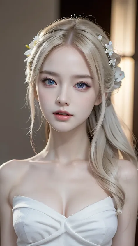 a beautiful woman with long white hair, wearing a scarf, standing in a photorealistic and highly detailed scene, perfect body wi...