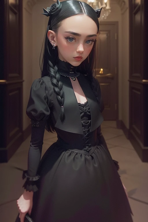 (enigmatic:1.2) wednesday addams captivating the camera for a dating site, (dark:1.1) aura, (mischievous:1.2) smile, (piercing:1...