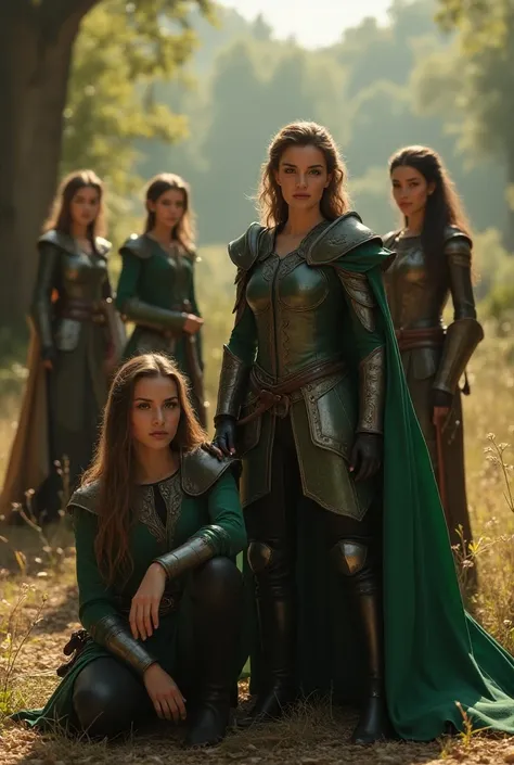 An award-winning masterpiece,  film camera lighting ,  Easy costume shoot of four different sexy female adventurers Asie costumes, leather armor from villains to magnificent magician outfits  ,   two standing in the background ,  one with a green one sitti...