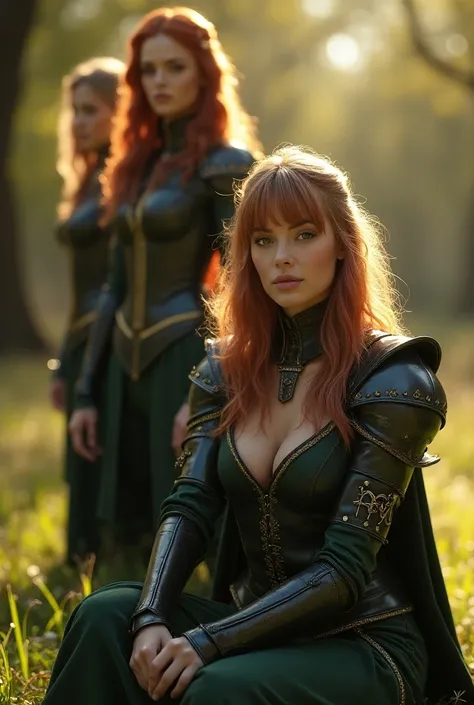 An award-winning masterpiece,  film camera lighting ,  A sexy fantasy costume shoot by four different sexy female adventurers Asie Costume,  leather armor from villains to magnificent magician outfits  ,  Different hair colors and hairstyles ,  two standin...