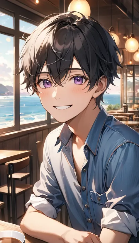 (masterpiece,, Beautiful and beautiful :1.2),( Highly Detailed Skin :1.2),8K Ultra HD,, soft lighting,high quality,Film Grain,((1 Boy,male)), alone,Black Hair,Purple Eyes,happy,Smile,Keep,bow,Keep ,daytime,  high school aged boys,Cool,Sea view,Denim shirt ...