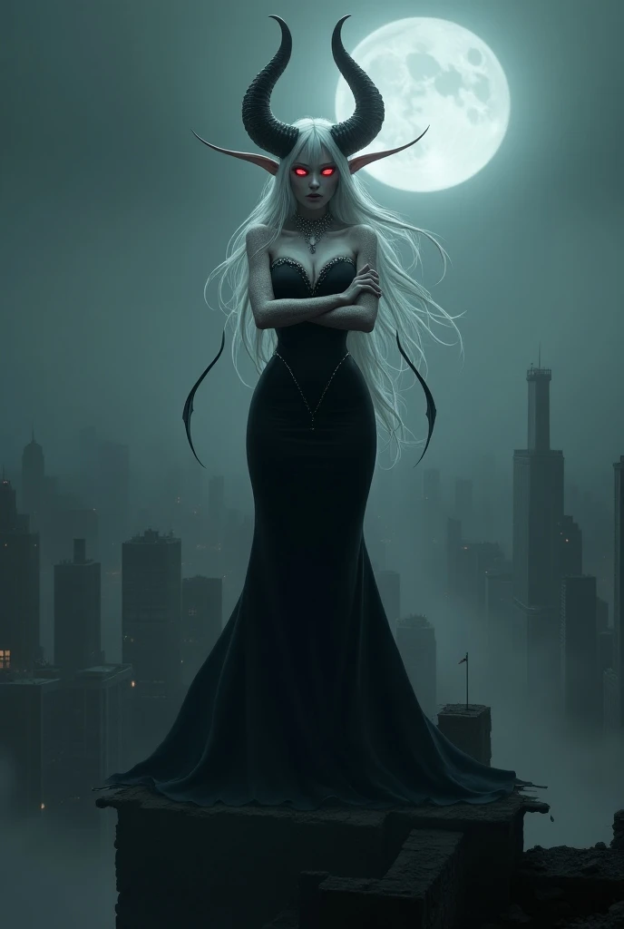 _appearance:_

- height: 2, 7 meters
- hair color :  albino white
- eye color :  vibrant red
- body type : hourglass
- skin :  albina with shiny white scales
- horns : long,  straight and black
- ears : pointed

_outfit:_

 - black dress with two side slit