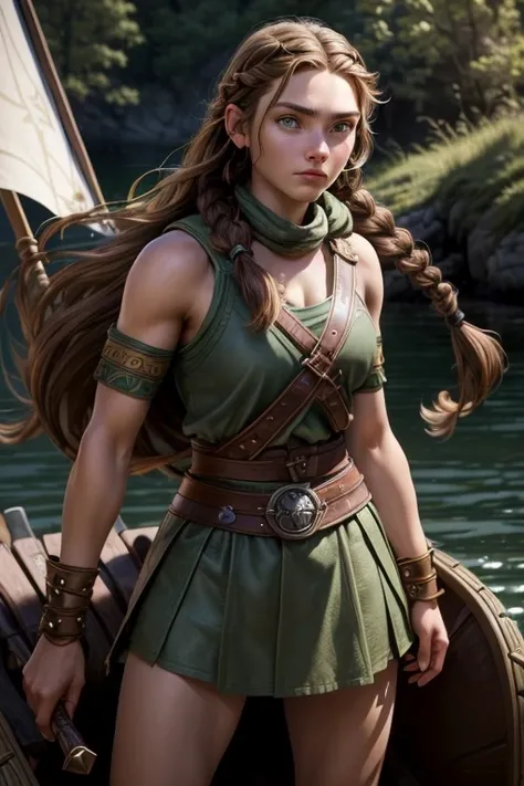 ( masterpiece ,  The best quality ) (young warrior woman of nordic descent), (green eyes), (muscle shirt), (fur skirt), (Brown hair color),(loose hair with small braids on the scalp), blond hair, wearing a viking leather armor, leather pauldrons, on a long...