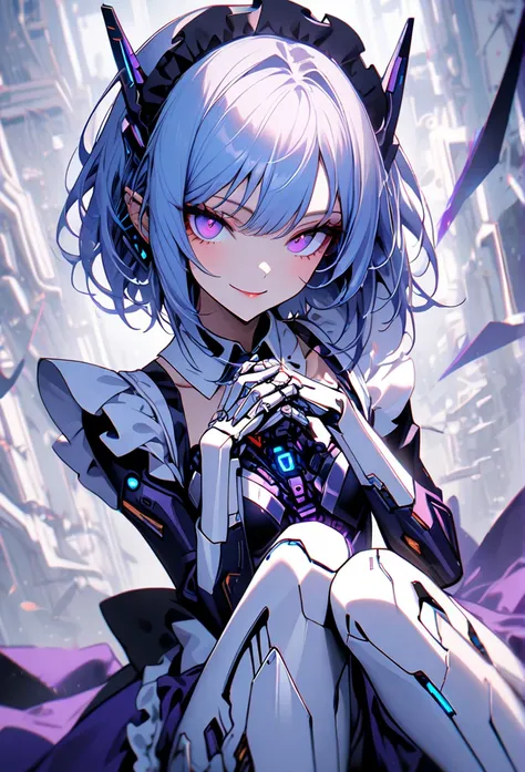 1 girl, solo, robot girl, robot maid, small breasts,  Smile , robot eyes,  Short hair , shoulder length hair, blue hair, ears are hidden by hair,  purple eyes ,  Seductive smile,  Maids headdress , maid dress, purple dress, white apron,  cybernetic hands, ...