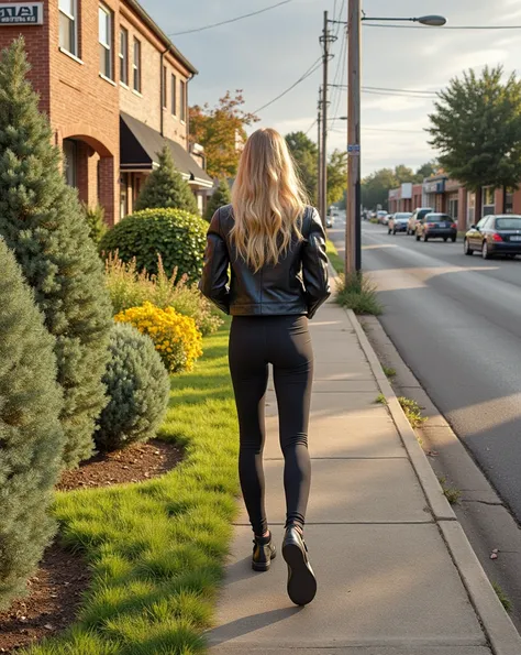 A very realistic 4k photo with lots of detail shows a young skinny sexy blonde woman seen from behind on a sidewalk. She wears a black leather jacket and black cotton leggings. She has long blonde hair with wavy hairstyles. The road is lined with shops. th...