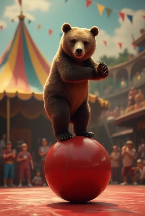 circus performance， A bear standing on a balance board placed on a red ball，Wave your palms to keep your balance 