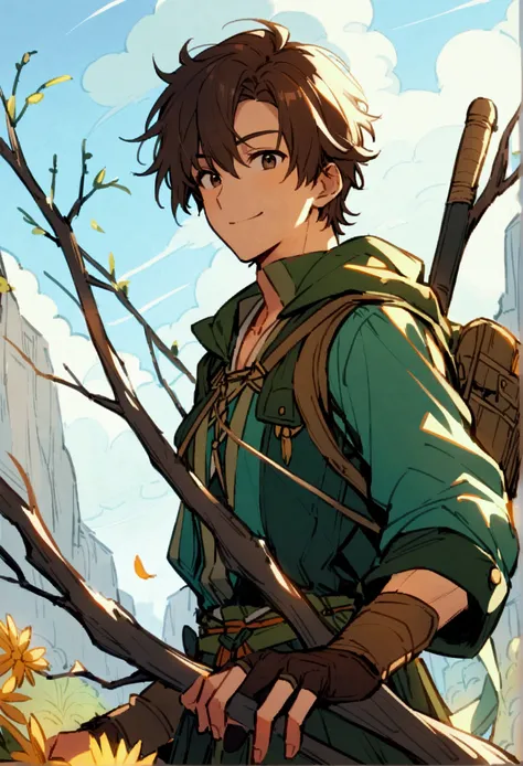 a 20-year-old young man with dark brown hair, always wearing a cheerful smile. he is dressed in green adventurer's clothing, per...