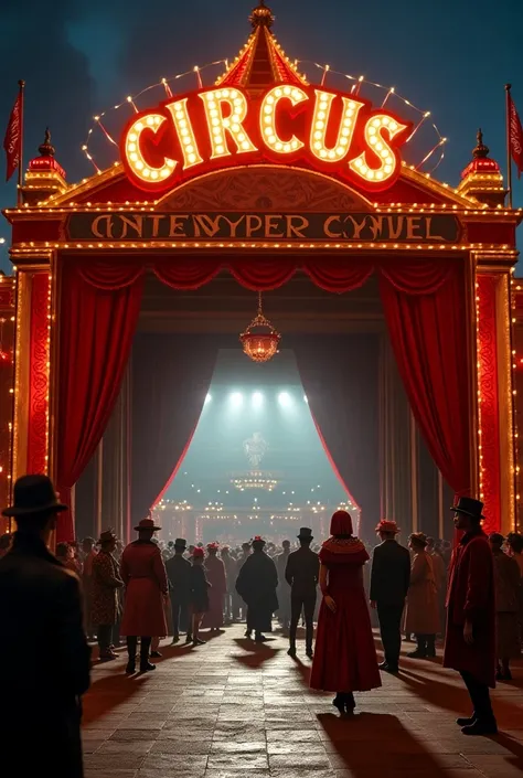 intricate circus entrance, large circus sign, informational board by entrance, detailed circus performers, clowns and acrobats, vibrant colors, dramatic lighting, photorealistic, cinematic composition, (best quality,4k,8k,highres,masterpiece:1.2),ultra-det...