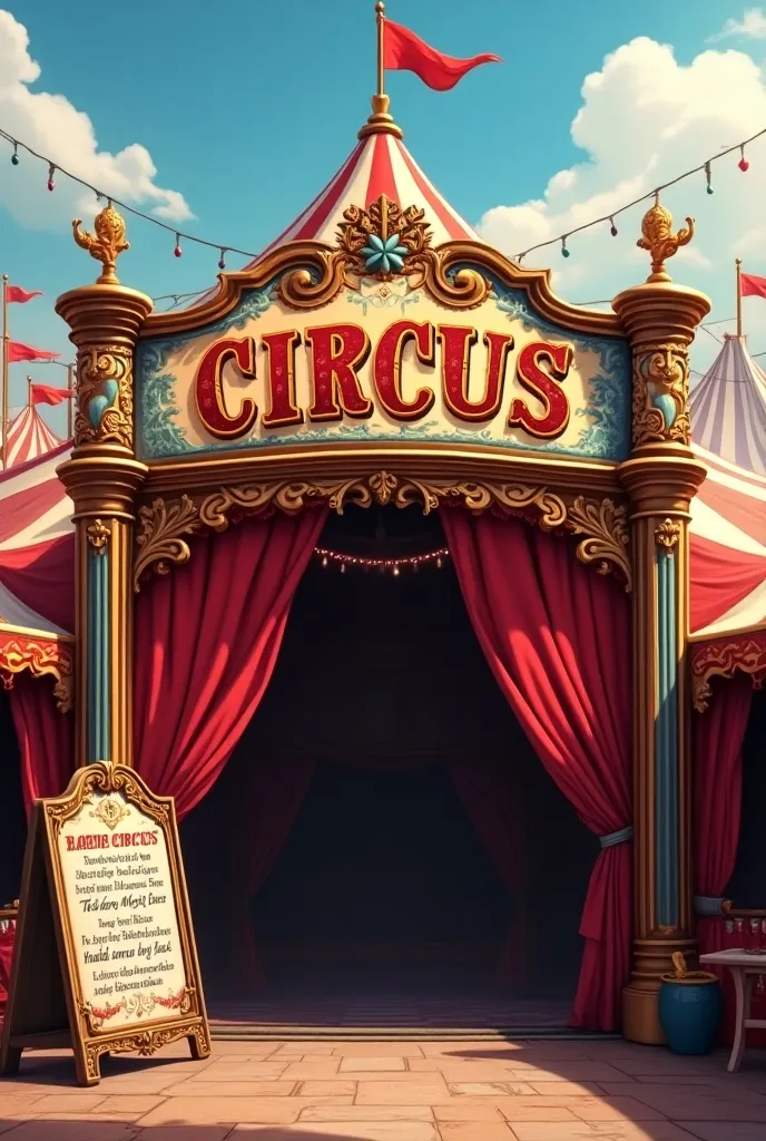  a picture of the circus entrance， a large circus sign ，There is an introduction board on the side of the door 