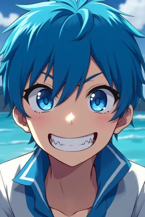 A blue haired man,  blue eyes and a white outfit with blue details ,  sharp shark-like teeth and a playful expression ,  close to the camera and from a raised angle with a fish eye effect, In anime style