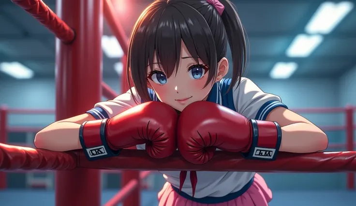 One girl、ponytail、Pink bloomers、School uniform shirt、Boxing gloves、Brown Hair、(Leaning his back against the corner post:1.3)、Arms outstretched、Elbow on the rope、The background is a corner area of a boxing ring、Absolute area、wink、relax、Highest quality、maste...