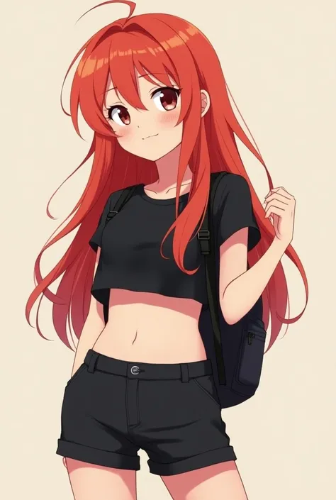 2D anime of a girl with red hair wearing a very short black waist showing her tummy with black shorts and a black backpack showing an adorable smile 