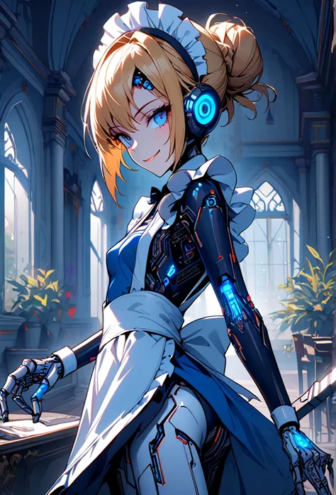 1 girl, solo, robot girl, robot maid, small breasts,  Smile , robot eyes,  Short hair , hair bun ,  back, one bundle ,  scythe bundle ,  artistocratic hairstyle,  golden hair,  blue eyes ,  seductive smile ,  Maids headdress , (((maid dress))),  Blue dress...