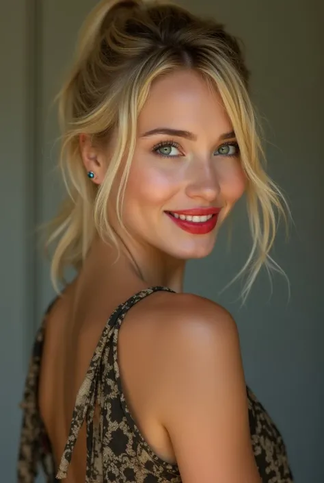 beautiful blonde girl, 29 years old, green eyes, short hair back , wavy,  a few strands of hair running down the face,  ponytail, small mouth, full lips,  Bright red lipstick , smiling, ring earring ,bohemian dress, 