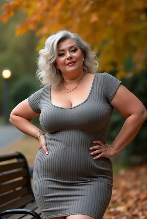 A fashionable an older woman, 80years old, older, 1plus size model, sexy and hot, chubby, big boobs, big hips, fashion model, silver wavy hair, nice face, bold makeup, warm smile, A voluptuous, mature woman in a tight, ribbed knit dress stands near a park ...