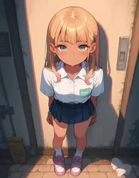 1girl,gyaru,small breasts,bitch,whore,,pixel art,socks,shoes,sweating,blush,,standing,,bore,expressionless,looking viewer