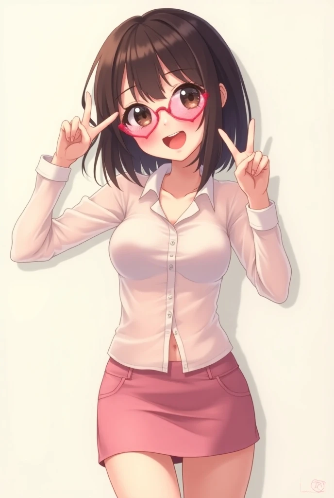 Anime girl in a transparent blouse without bra and mini skirt with fingers peace and love with heart glasses 