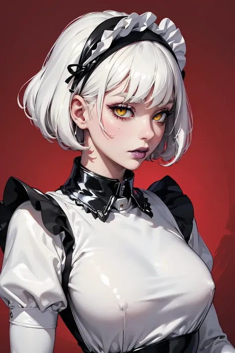 (best lighting) (best quality, masterpiece:1.2), (absurdres), wide portrait, alluring, ethereal, flirtatious, woman, ((very short, messy, cropped, boyish, white hair), ((yellow eyes)), (detailed eyes), (((glossy, shiny, black lipstick))), full lips, ((whit...