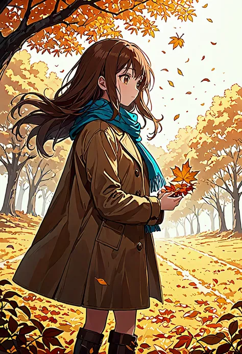 (alone), 1 girl \(long brown hair, cute, autumn outfit, scarf, coat, boots, picking leaves\(shining golden in the sunlight),full...