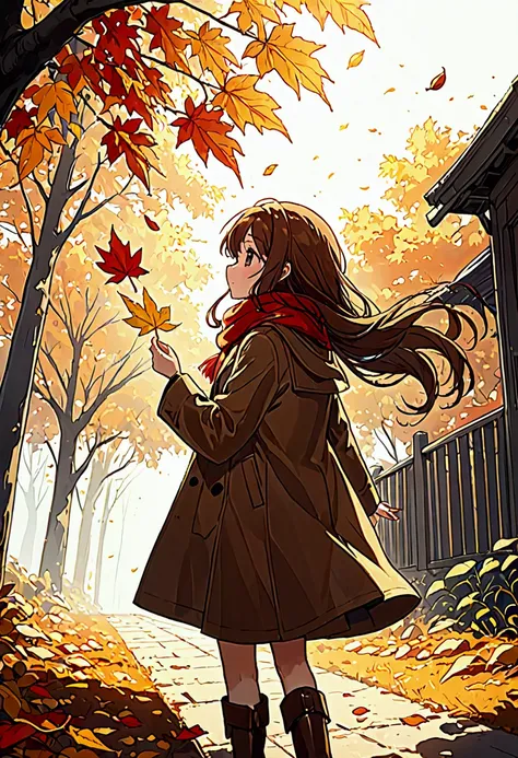 (alone), 1 girl \(long brown hair, cute, autumn outfit, scarf, coat, boots, picking leaves\(shining golden in the sunlight),full...