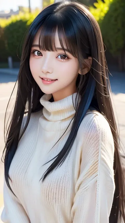 1 girl、((  virgin killer sweater ))、blue sky、bright and very beautiful face、young,  shiny white skin、great looks、black hair that...