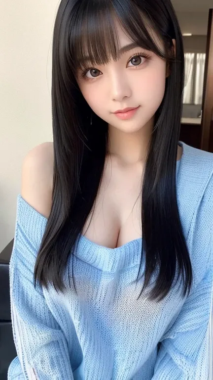 1 girl、((  virgin killer sweater ))、blue sky、bright and very beautiful face、young,  shiny white skin、great looks、black hair that...