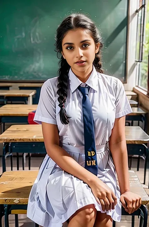 raw photo , 1 girl  ,wearing white frock and color tie, white shoes,  ((teen school girl studying on on in the classroom)), with...