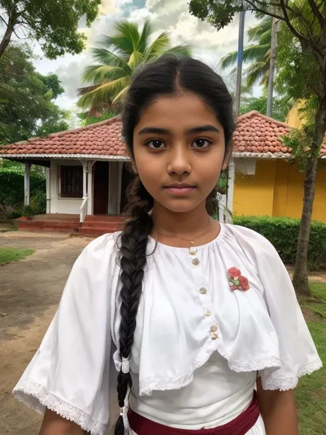 raw photo , 20 yo old 1 girl  ,wearing white  traditional clothes ,sri lanka cute teen 20 years old girl ,  with plait, professi...