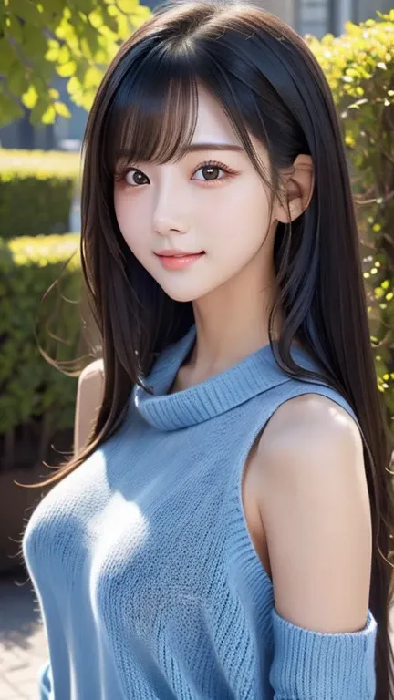 1 girl、((  virgin killer sweater ))、blue sky、bright and very beautiful face、young,  shiny white skin、great looks、black hair that...