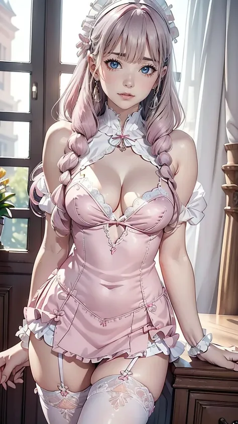 mature woman、pink hair、light gray hair、((two-tone hair))、white lolita dress with delicate pink decoration、slender women、cute wom...